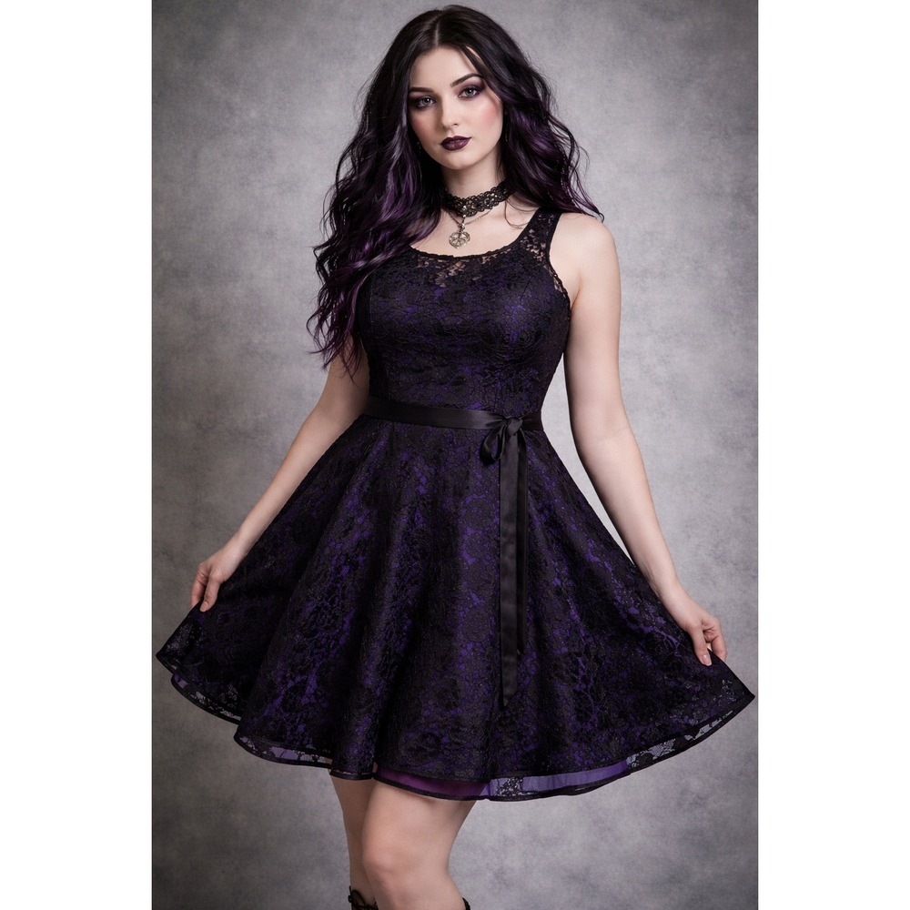 Whimsigoth Witchy Vibes Black Lace Overlay Purple Dress Goth Glam Satin Size 13